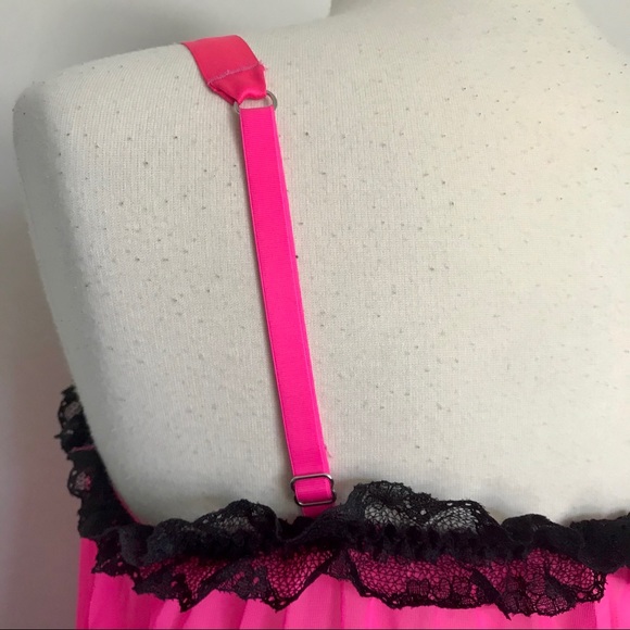 Victoria’s Secret Hot Pink Baby Doll Lingerie Semi-Sheer Top Medium Black Retro - Picture 6 of 8